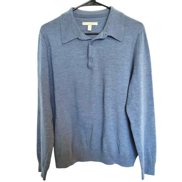 Nordstrom's Mens Large Fine Merino Wool Polo Sweater Blue Long Sleeve Pullover - Picture 1 of 5